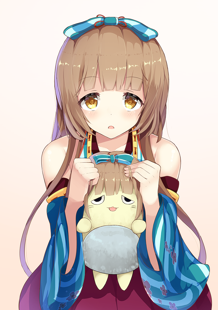 1girl :o aqua_bow bangs bare_shoulders blunt_bangs bow brown_hair checkered_bow cosplay detached_sleeves dot_nose floral_print gradient gradient_background hair_bow hime_cut holding holding_stuffed_animal idolmaster idolmaster_cinderella_girls idolmaster_cinderella_girls_starlight_stage japanese_clothes kimono long_hair looking_at_viewer open_mouth pina_korata se-u-ra sidelocks solo striped striped_bow stuffed_animal stuffed_toy tareme very_long_hair wide_sleeves wig yellow_background yellow_eyes yorita_yoshino yorita_yoshino_(cosplay)