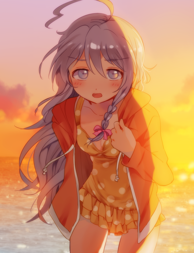 1girl adjusting_clothes ahoge alternate_costume arm_behind_back beach blush bow braid breasts cleavage clouds collarbone dot_nose evening eyebrows_visible_through_hair frilled_swimsuit frills furrowed_eyebrows grey_eyes gurumi_mami hair_between_eyes hoshi_shouko idolmaster idolmaster_cinderella_girls jacket jacket_over_swimsuit leaning_forward long_hair looking_at_viewer messy_hair ocean one-piece_swimsuit open_mouth orange_jacket orange_swimsuit outdoors pink_bow polka_dot polka_dot_swimsuit serious silver_hair sky small_breasts solo sunlight sunset swimsuit thighs very_long_hair wind