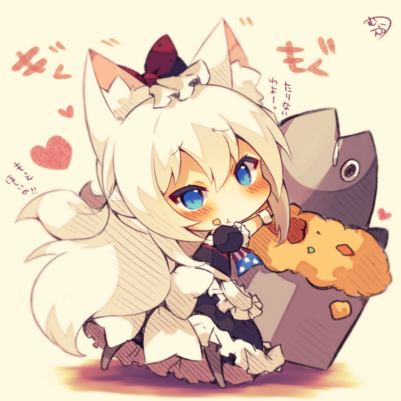 1girl american_flag animal_ears azur_lane blue_eyes cat_ears chibi commentary_request dress eating frilled_dress frills hammann_(azur_lane) long_hair looking_at_viewer muuran simple_background solo stargazy_pie white_hair