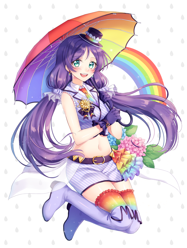 1girl :d belt blue_eyes blush boots collared_shirt collared_vest crop_top cropped_vest eyebrows_visible_through_hair flower gloves hat holding holding_umbrella hoshisakura_(starblossom) jumping long_hair looking_at_viewer love_live! love_live!_school_idol_festival love_live!_school_idol_project low_twintails midriff mini_hat multicolored multicolored_clothes multicolored_legwear multicolored_neckwear navel necktie open_mouth purple_footwear purple_gloves purple_hair rainbow_gradient scrunchie shirt smile solo thigh-highs thigh_boots toujou_nozomi twintails umbrella very_long_hair vest water_drop white_shirt