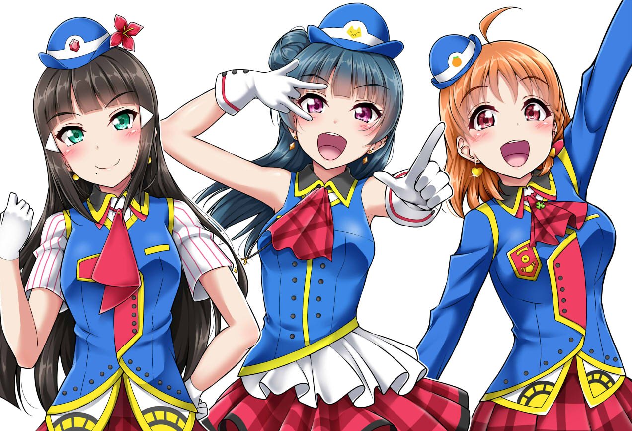 3girls ahoge aqua_eyes bare_shoulders black_hair blue_hair blue_hat blush breasts earrings eyebrows_visible_through_hair gloves hair_bun happy_party_train hat heart heart_earrings jewelry kurosawa_dia long_hair long_sleeves looking_at_viewer love_live! love_live!_sunshine!! medium_breasts multiple_girls open_mouth orange_hair pink_eyes short_hair short_sleeves sleeveless smile takami_chika tsushima_yoshiko violet_eyes white_gloves yopparai_oni