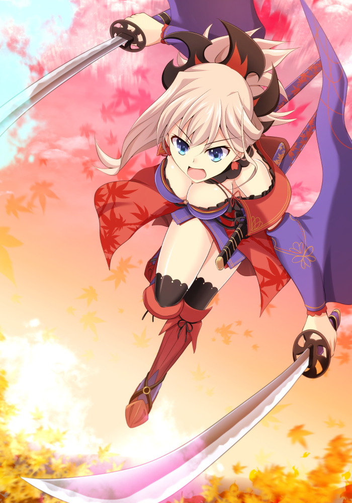 &gt;:o 1girl autumn_leaves blonde_hair blue_eyes breasts cleavage cross_(crossryou) detached_sleeves earrings fate/grand_order fate_(series) hair_ornament japanese_clothes jewelry katana kimono leaf long_hair looking_at_viewer medium_breasts miyamoto_musashi_(fate/grand_order) open_mouth ponytail sash solo sword thigh-highs weapon