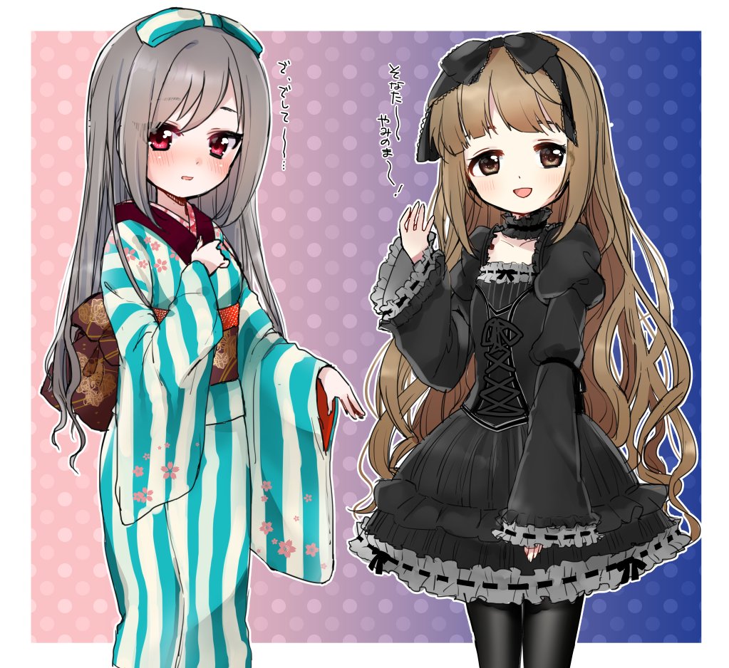 2girls arm_up bangs black_dress blush bow brown_eyes brown_hair choker cosplay costume_switch cowboy_shot dress embarrassed eyebrows_visible_through_hair floral_print frame frilled_dress frilled_sleeves frills furisode gothic_lolita gradient gradient_background grey_hair hair_bow hair_ornament idolmaster idolmaster_cinderella_girls japanese_clothes kanzaki_ranko kimono lolita_fashion long_hair long_sleeves looking_at_viewer multiple_girls obi oonishi_nishio open_mouth polka_dot polka_dot_background red_eyes ribbon sash smile standing striped tareme translation_request vertical-striped_kimono vertical_stripes very_long_hair wavy_hair wide_sleeves yorita_yoshino