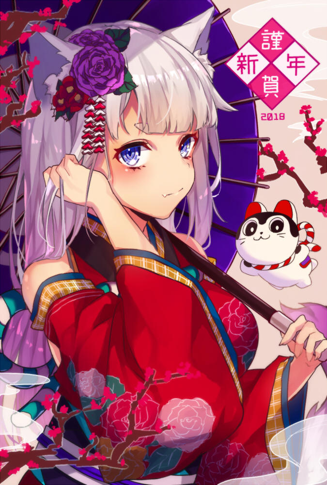 1girl 2018 animal_ears blush camellia cherry_blossoms closed_mouth detached_sleeves dog_ears fang_out floral_print flower fujikiri_yana hair_ornament hands_up happy_new_year holding holding_umbrella japanese_clothes kanzashi kimono long_hair looking_at_viewer nengajou new_year oriental_umbrella original purple_flower red_flower red_kimono sidelocks smile solo thick_eyebrows translated umbrella upper_body wide_sleeves