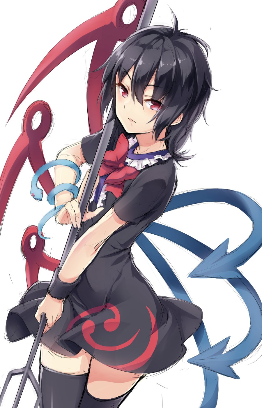 1girl asymmetrical_wings black_dress black_hair black_legwear bow bowtie closed_mouth cowboy_shot dress hair_between_eyes highres holding holding_weapon houjuu_nue looking_at_viewer polearm red_eyes red_neckwear short_dress short_sleeves simple_background sketch snake solo thigh-highs touhou trident usotsuki_penta weapon white_background wings wristband