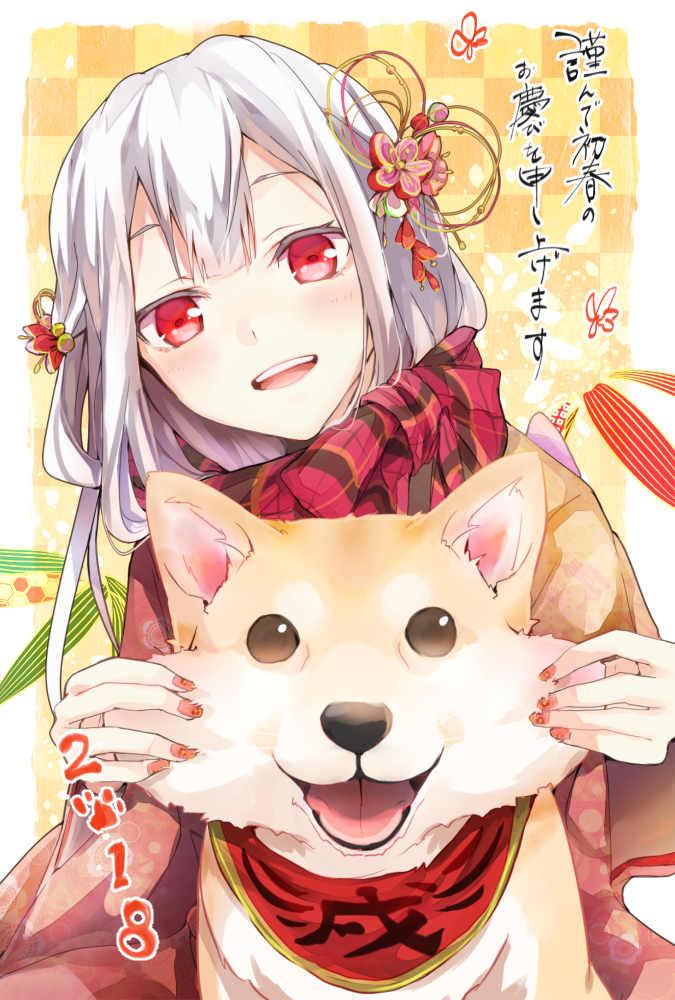 1girl 2018 :d bangs blush checkered checkered_background cheek_pull dog enpera grey_hair hair_ornament japanese_clothes kimono long_hair nengajou new_year open_mouth original red_eyes scarf shiba_inu smile solo teeth tomozero white_hair year_of_the_dog