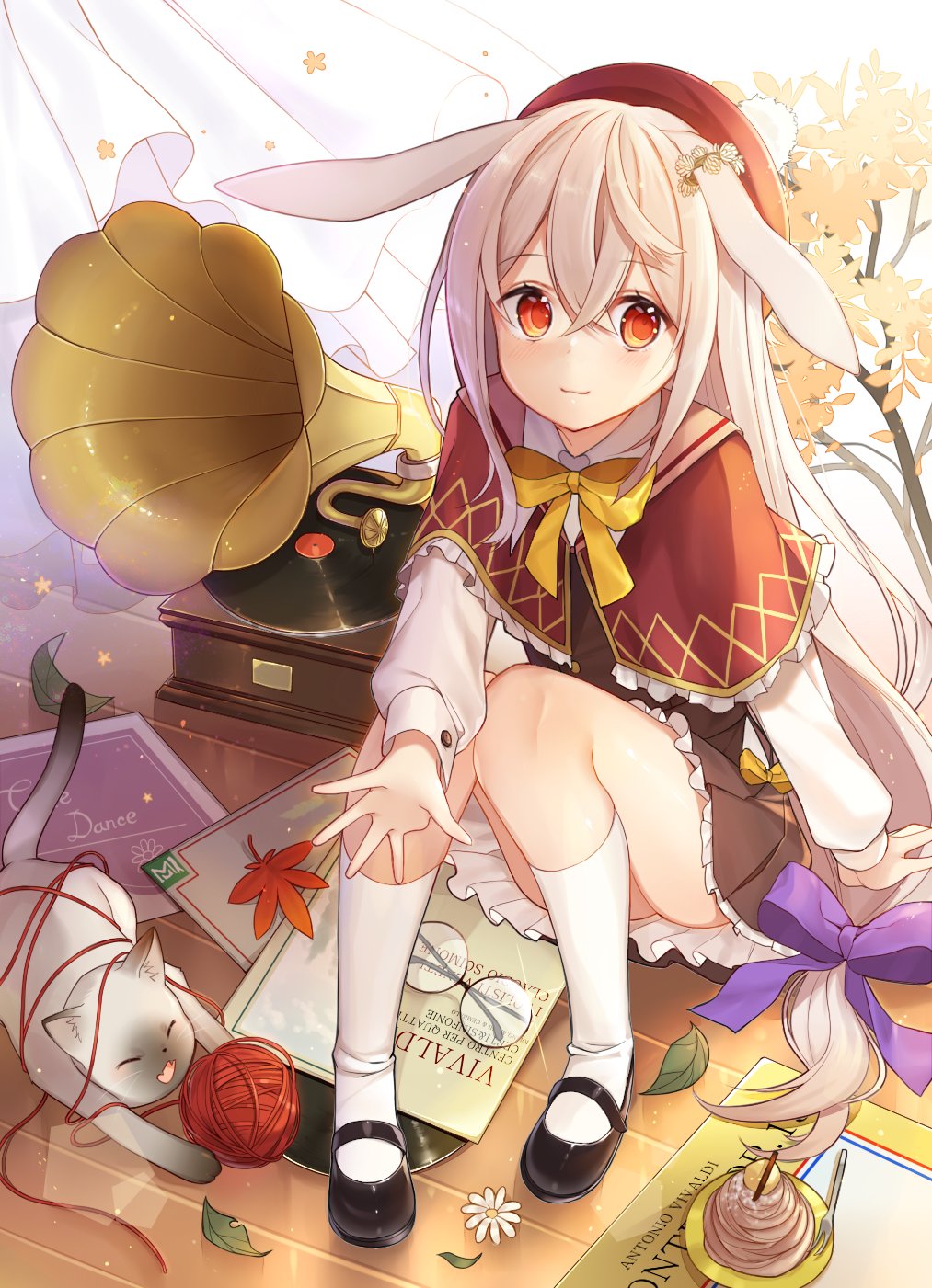 1girl absurdly_long_hair animal_ears black_skirt blush cat closed_mouth eyewear_removed hat highres ion_(on01e) kneehighs leaf long_hair looking_at_viewer mary_janes original phonograph plate rabbit_ears record red_eyes red_hat shoes sitting skirt smile solo very_long_hair white_hair white_legwear yarn_ball