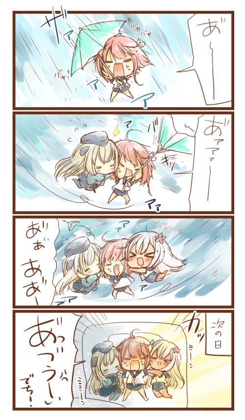 3girls blonde_hair blush chibi closed_eyes comic commentary_request flower futon garrison_cap hair_flower hair_ornament hat i-58_(kantai_collection) kantai_collection long_hair multiple_girls niyo_(kuuhaku_chaya) open_mouth pink_hair rain ro-500_(kantai_collection) school_swimsuit school_uniform serafuku short_hair swimsuit swimsuit_under_clothes translation_request u-511_(kantai_collection) umbrella wind