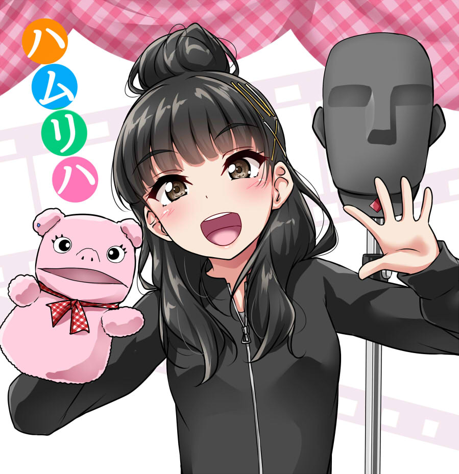 1girl black_hair blush brown_eyes character_request eyebrows_visible_through_hair hair_bun hair_ornament long_hair long_sleeves looking_at_viewer microphone open_mouth puppet real_life smile solo upper_body x_hair_ornament yopparai_oni