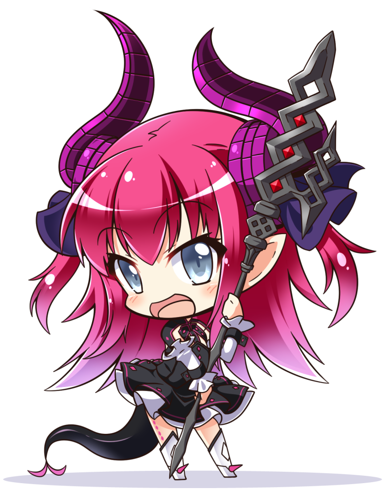1girl :d chibi detached_sleeves dragon_horns dragon_tail fate/extra fate/extra_ccc fate_(series) grey_eyes holding horns lance lancer_(fate/extra_ccc) long_hair looking_at_viewer open_mouth pointy_ears polearm purple_hair shachoo. smile solo tail weapon