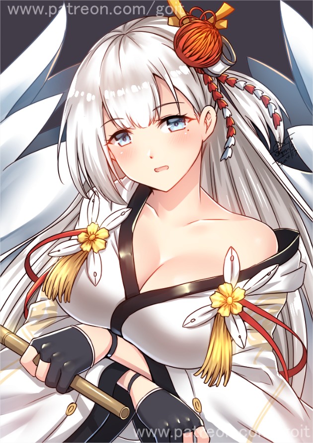 1girl azur_lane blue_eyes blush breasts cleavage collarbone eyeshadow fingerless_gloves flute gloves go-it hair_ornament holding instrument japanese_clothes large_breasts long_hair looking_at_viewer makeup mole mole_under_eye open_mouth shoukaku_(azur_lane) silver_hair simple_background solo watermark web_address wide_sleeves