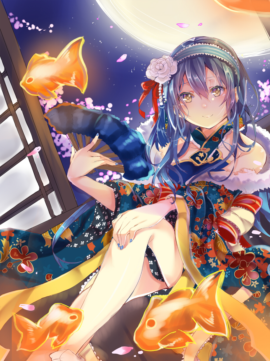 1girl bangs blue_hair blush fan fish floral_print flower flying_fish folding_fan goldfish hair_between_eyes hair_flower hair_ornament hand_on_own_knee highres japanese_clothes kimono long_hair long_sleeves looking_at_viewer love_live! love_live!_school_idol_festival love_live!_school_idol_project moon nail_polish night night_sky off_shoulder sky smile solo sonoda_umi takitou wide_sleeves yellow_eyes