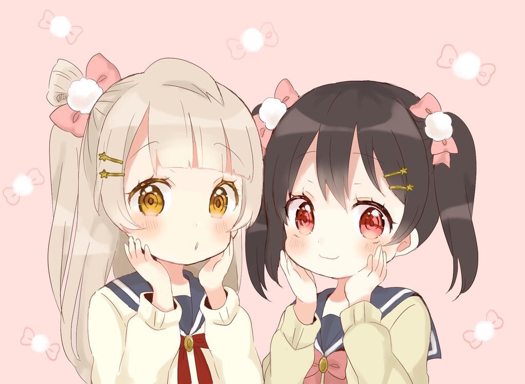 2girls :o bangs black_hair blunt_bangs blush bow brown_eyes grey_hair hair_bow hair_ornament hairpin hands_on_own_cheeks hands_on_own_face hiyoko_(hycandy) long_sleeves looking_at_viewer love_live! love_live!_sunshine!! minami_kotori multiple_girls neck_ribbon one_side_up pink_background pom_pom_(clothes) red_eyes red_neckwear ribbon school_uniform serafuku smile twintails upper_body yazawa_nico