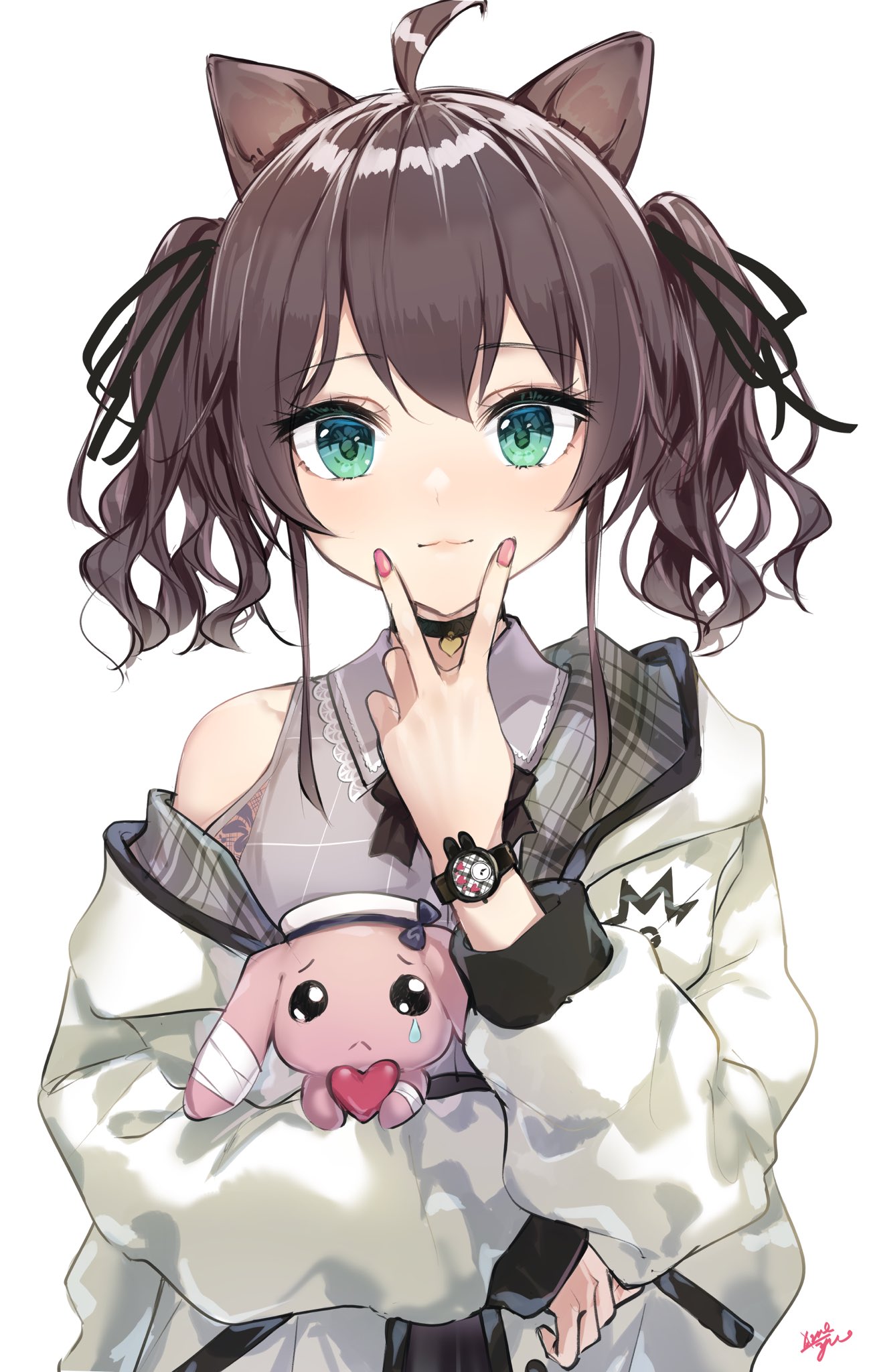 1girl ahoge animal_ears aqua_eyes black_choker black_ribbon blush brown_hair cat_ears choker closed_mouth collared_shirt commentary eyebrows_visible_through_hair eyelashes flat_chest grey_shirt hair_between_eyes hair_ribbon heart heart_choker highres holding holding_stuffed_toy hololive jacket kemonomimi_mode lace_trim lips long_sleeves looking_at_viewer medium_hair nail_polish natsuiro_matsuri off_shoulder official_alternate_costume pink_nails plaid ribbon shirt signature simple_background sleeveless sleeveless_shirt smile solo stuffed_animal stuffed_bunny stuffed_toy takenoko_no_you teardrop twintails two-sided_fabric two-sided_jacket upper_body v v_over_mouth virtual_youtuber watch watch wavy_hair white_background white_jacket wing_collar