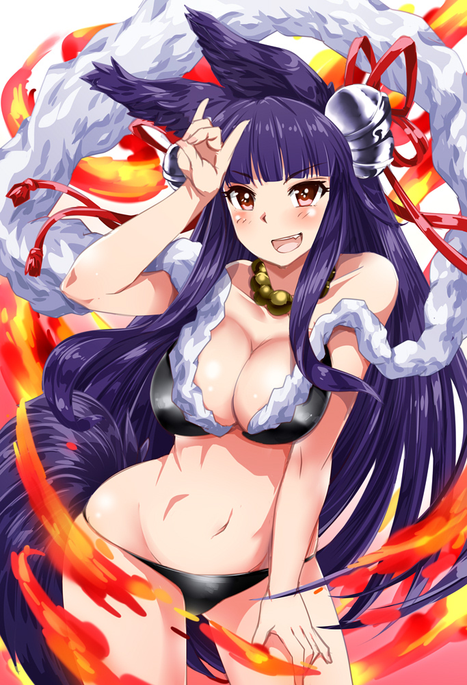 &gt;:d 1girl :d animal_ears bangs bell bikini black_bikini blunt_bangs blush breasts cowboy_shot erun_(granblue_fantasy) fang fire fox_ears fox_tail fur_trim granblue_fantasy groin hair_bell hair_ornament jingle_bell large_breasts long_hair looking_at_viewer makumaxu navel open_mouth red_eyes smile solo stomach swimsuit tail very_long_hair yuel_(granblue_fantasy)