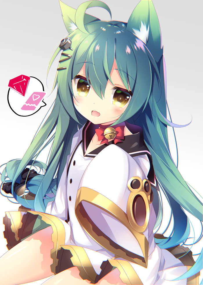 1girl :d ahoge akashi_(azur_lane) animal_ears azur_lane bangs bell bell_choker blunt_bangs blush bow buttons cat_ears choker collarbone commentary_request cowboy_shot diamond dress eyebrows_visible_through_hair fang gradient gradient_background green_hair hair_between_eyes hair_bow hair_ornament hairclip hand_up hands_in_sleeves head_tilt jingle_bell long_hair long_sleeves looking_at_viewer mole mole_under_eye nanamomo_rio open_mouth ribbon_choker sailor_dress shiny shiny_hair sidelocks simple_background sitting smile solo speech_bubble spoken_object very_long_hair white_dress wide_sleeves yellow_eyes