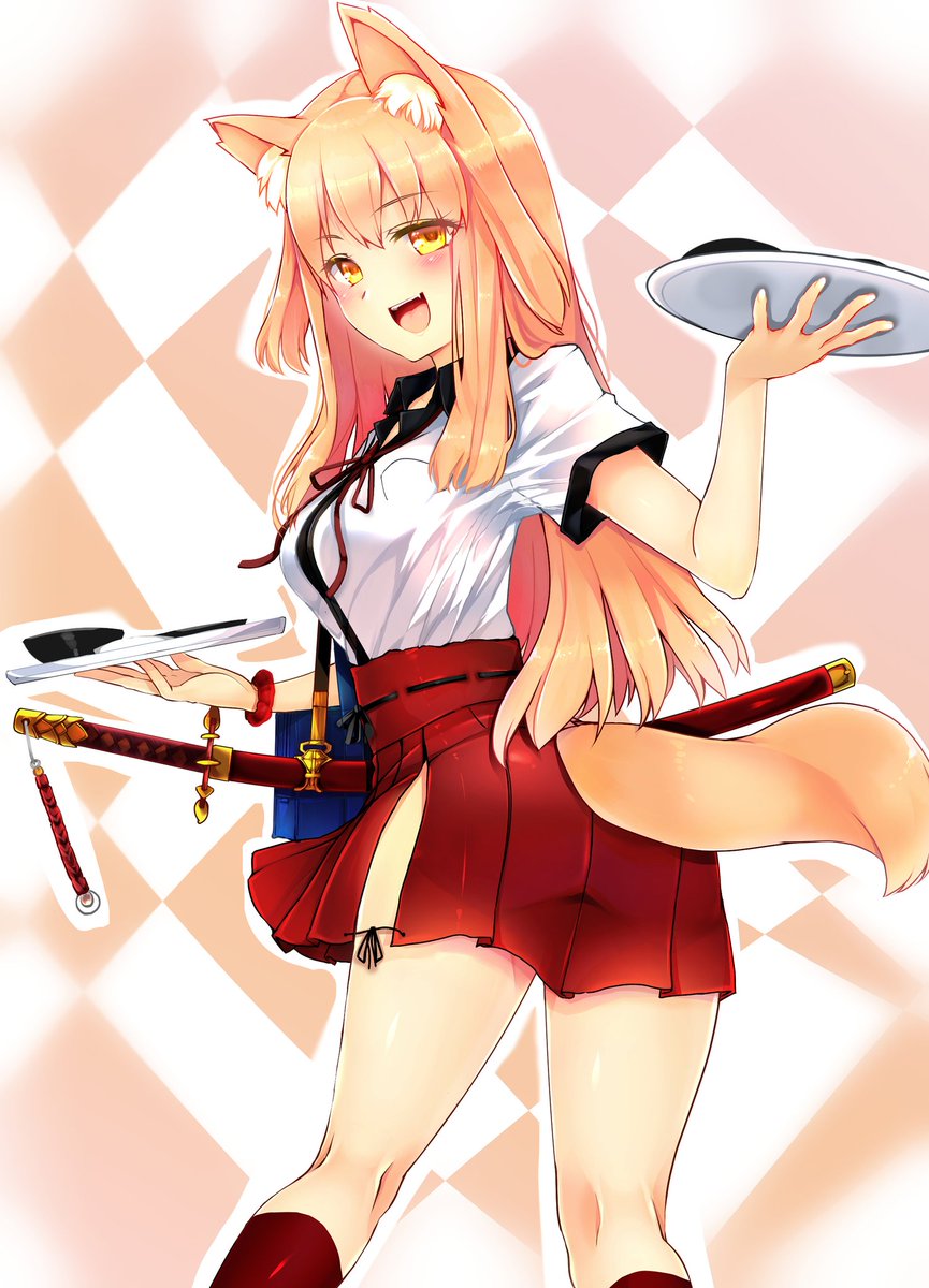 1girl :d commentary_request fate/extra_ccc_fox_tail highres long_hair looking_at_viewer open_mouth saber_(fate/extra_ccc_fox_tail) smile solo tsukui_kachou