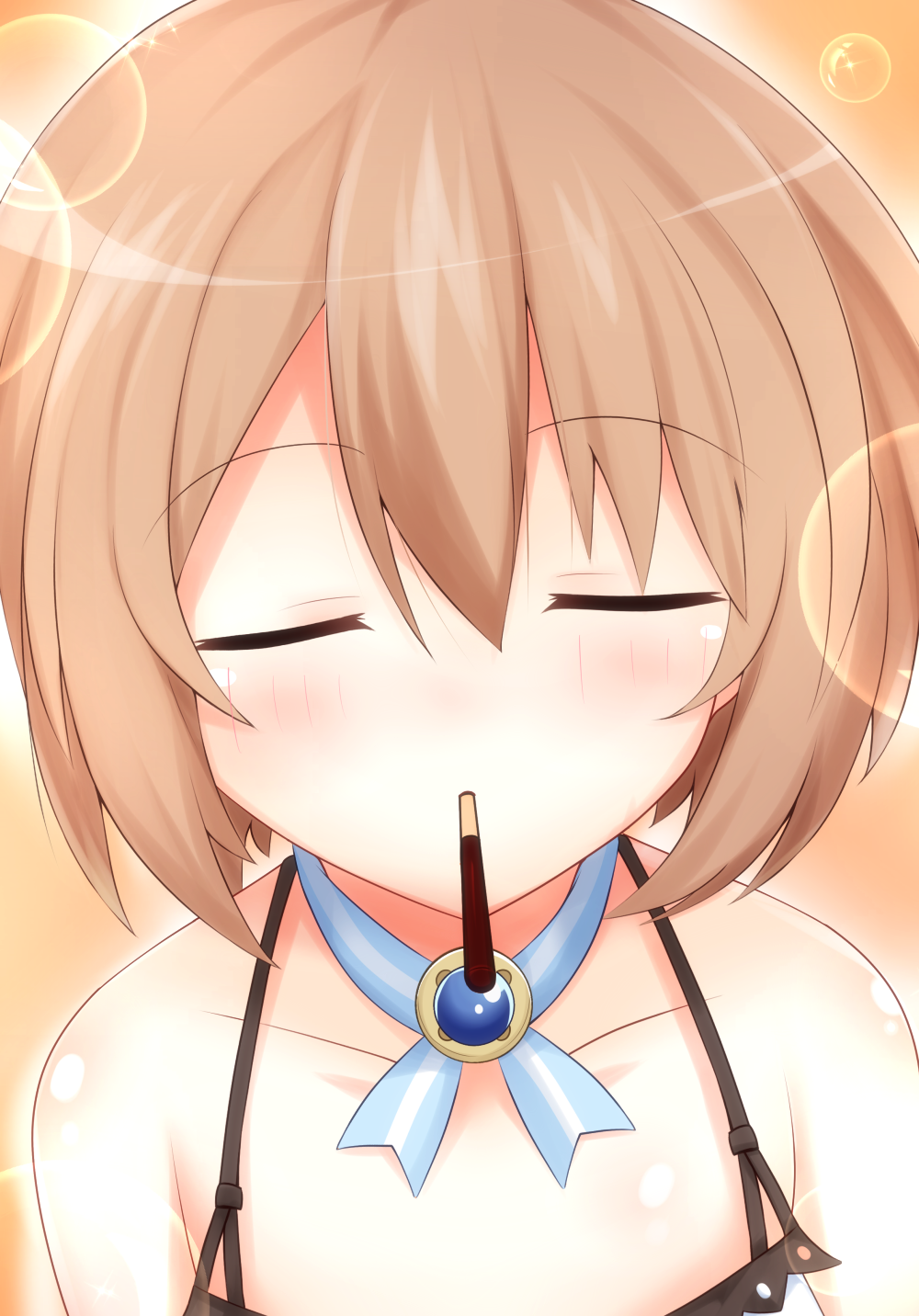 1girl bare_shoulders blanc brown_hair closed_eyes food haru_blanc0316 hat highres mouth_hold neptune_(series) pocky pocky_day pocky_kiss shared_food short_hair solo