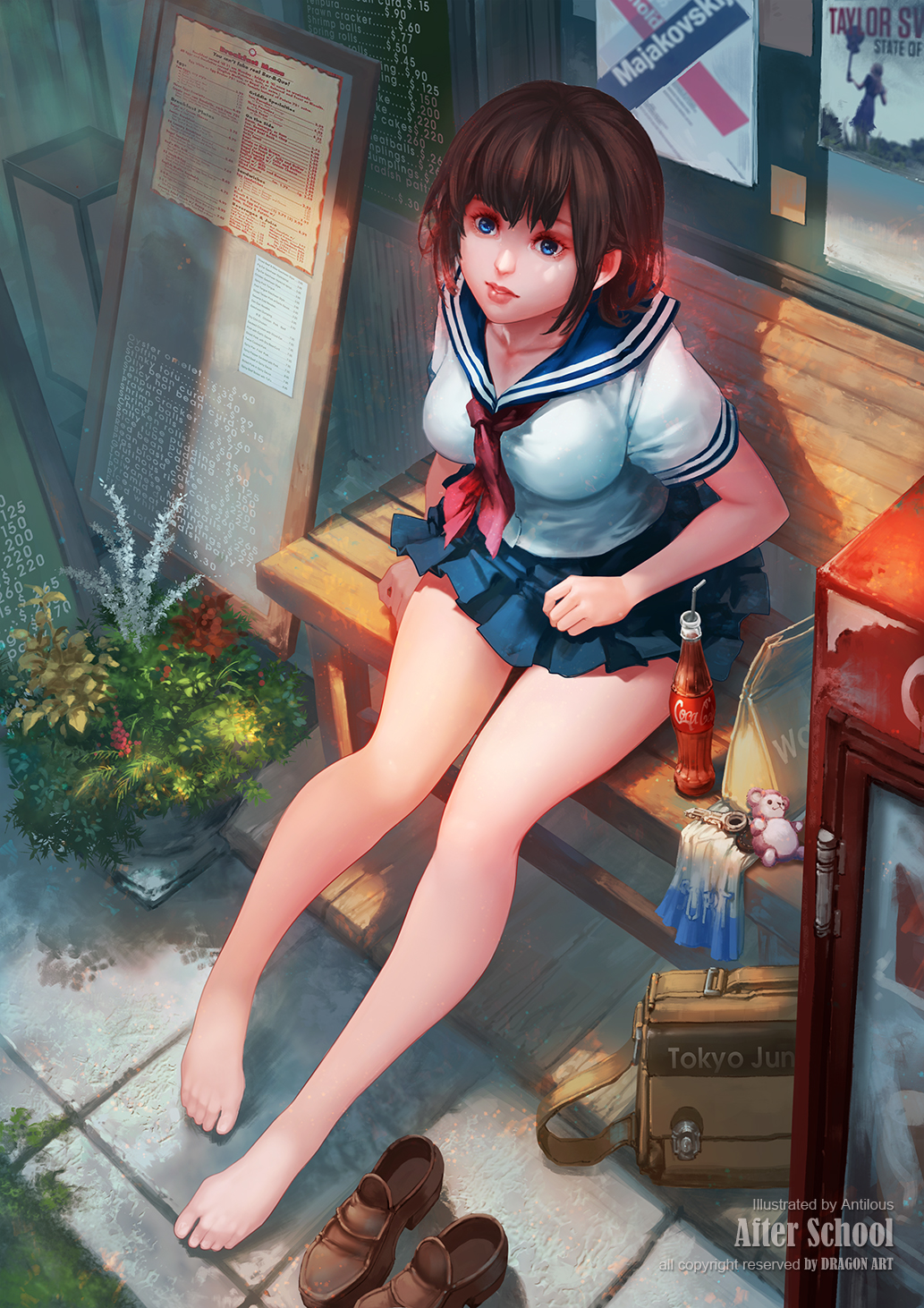 1girl antilous bag barefoot blouse blue_eyes blue_sailor_collar blue_skirt bottle breasts brown_footwear brown_hair coca-cola coke_bottle commentary_request day drinking_straw feet full_body highres lips loafers looking_at_viewer medium_breasts menu menu_board miniskirt neckerchief original outdoors parted_lips plant pleated_skirt potted_plant red_neckwear refrigerator sailor_collar school_bag shoes shoes_removed short_hair short_sleeves sitting skirt soda_bottle solo stuffed_animal stuffed_toy sunlight taylor_swift teddy_bear watermark web_address white_blouse