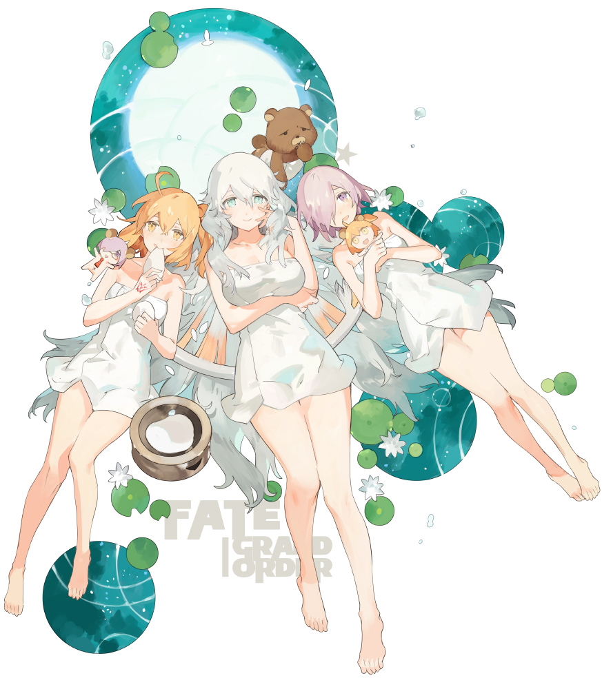 3girls :q artemis_(fate/grand_order) bare_legs barefoot blue_eyes breast_hold breasts character_doll cleavage closed_mouth command_spell eating fate/grand_order fate_(series) food fujimaru_ritsuka_(female) full_body hair_between_eyes hair_over_one_eye large_breasts long_hair mochi multiple_girls naked_towel object_hug one_side_up orange_eyes orange_hair orion_(fate/grand_order) purple_hair shielder_(fate/grand_order) short_hair small_breasts smile starshadowmagician tongue tongue_out towel very_long_hair violet_eyes wagashi white_hair