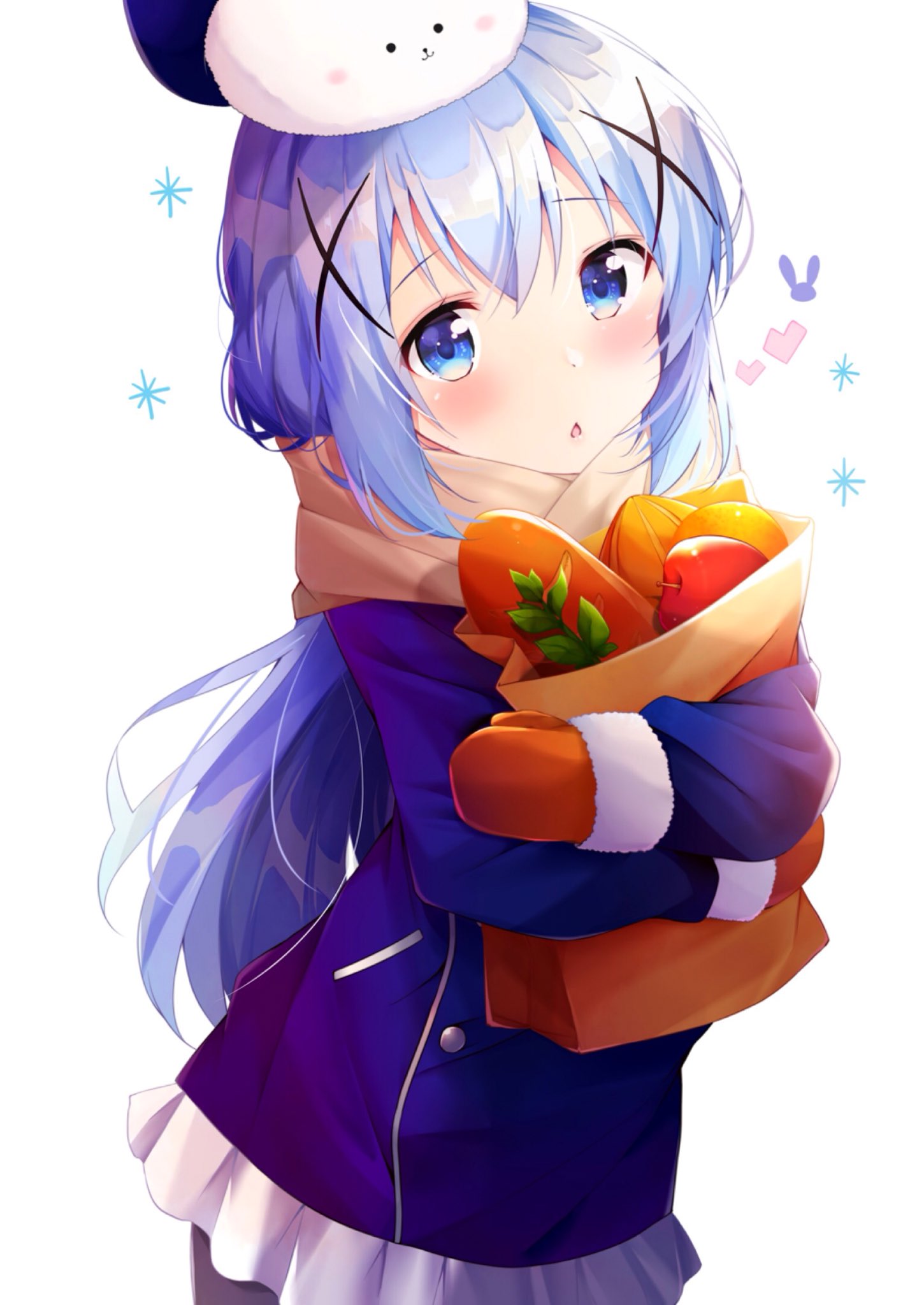 1girl angora_rabbit animal animal_on_head apple bag bangs black_legwear blue_eyes blue_hair blush bread buttons chestnut_mouth coat commentary_request cowboy_shot enpera food fruit fur_trim gochuumon_wa_usagi_desu_ka? hair_ornament hat heart highres holding_bag kafuu_chino long_hair long_sleeves looking_at_viewer mittens on_head open_mouth orange pantyhose paper_bag pocket rabbit rouka_(akatyann) scarf simple_background skirt solo tippy_(gochiusa) white_background white_skirt winter_clothes winter_coat x_hair_ornament