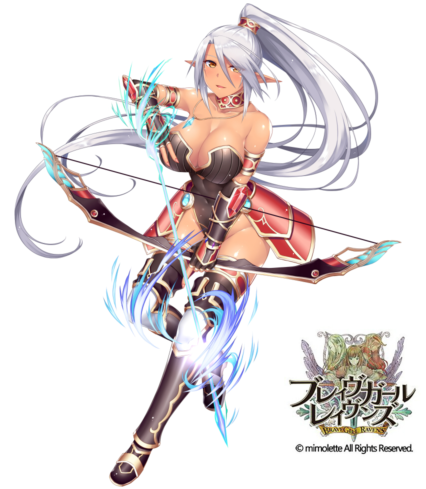 1girl bare_shoulders black_leotard blush boots bow_(weapon) brave_girl_ravens breasts brown_eyes character_request cleavage collarbone copyright_name covered_navel dark_elf dark_skin elbow_gloves elf energy_arrow fingerless_gloves full_body gloves hair_between_eyes high_ponytail holding holding_bow_(weapon) holding_weapon horosuke_(toot08) large_breasts leotard long_hair looking_at_viewer official_art parted_lips pointy_ears silver_hair simple_background smile solo standing thigh-highs thigh_boots very_long_hair weapon white_background