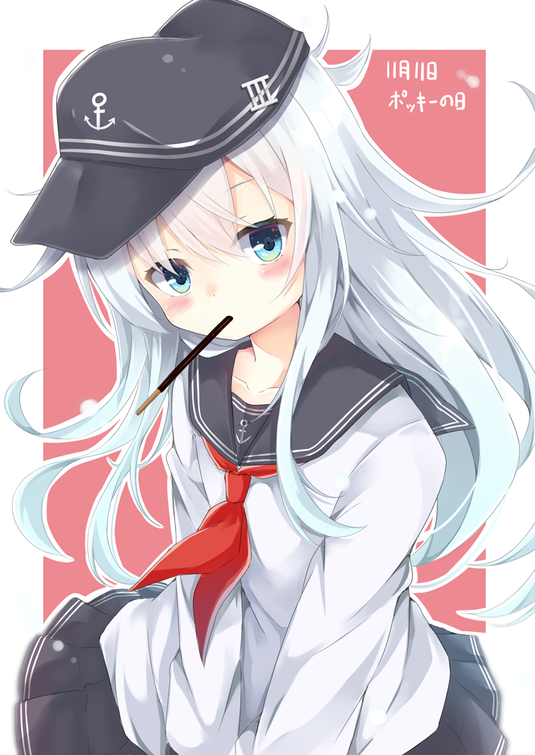 1girl anchor_symbol bangs black_hat black_skirt blush collarbone commentary_request dated eyebrows_visible_through_hair flat_cap food food_in_mouth hair_between_eyes hat head_tilt hibiki_(kantai_collection) kantai_collection long_hair long_sleeves looking_at_viewer mouth_hold neckerchief pink_background pleated_skirt pocky pocky_day red_neckwear school_uniform serafuku shirt silver_hair simple_background siroyuki skirt solo translation_request two-tone_background very_long_hair white_background white_shirt
