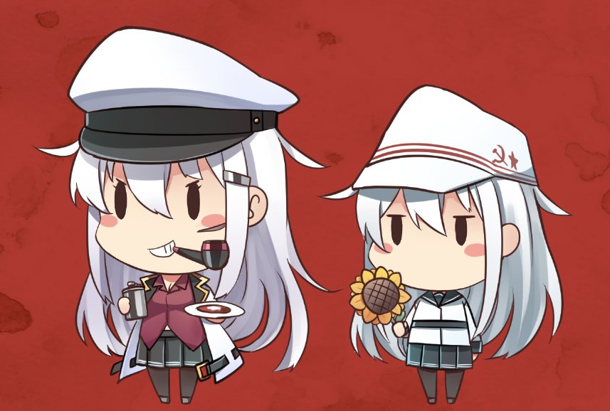 2girls :d black_legwear blush_stickers bottle chibi flower gangut_(kantai_collection) grin hat hibiki_(kantai_collection) holding ido_(teketeke) kantai_collection long_hair mouth_hold multiple_girls open_mouth pantyhose peaked_cap pipe pleated_skirt sailor_collar simple_background skirt smile sunflower verniy_(kantai_collection) white_hair