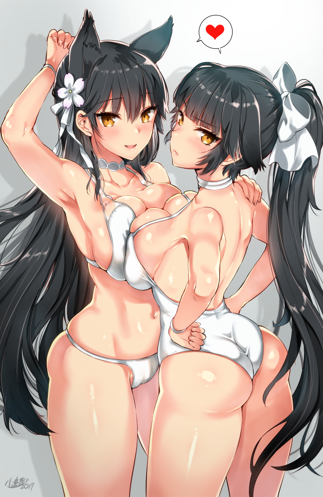 2girls animal_ears arm_up armpits ass atago_(azur_lane) azur_lane bangs bikini blunt_bangs bow breast_press breasts brown_eyes casual_one-piece_swimsuit choker cleavage closed_mouth cowboy_shot eyebrows_visible_through_hair flower hair_bow hair_flower hair_ornament halterneck hand_on_another's_shoulder hands_on_hips heart kojima_saya large_breasts lips long_hair looking_at_viewer multiple_girls one-piece_swimsuit ponytail smile spoken_heart swimsuit symmetrical_docking takao_(azur_lane) tsurime very_long_hair white_bikini white_swimsuit wristband