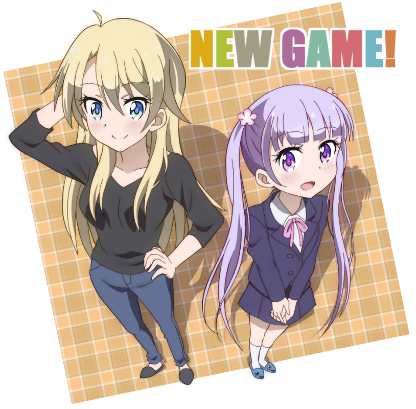 2girls :d ahoge black_shirt blonde_hair blue_eyes blush foreshortening from_above hand_on_hip long_hair multiple_girls new_game! onomekaman open_mouth pants purple_hair shirt skirt smile suzukaze_aoba twintails violet_eyes yagami_kou