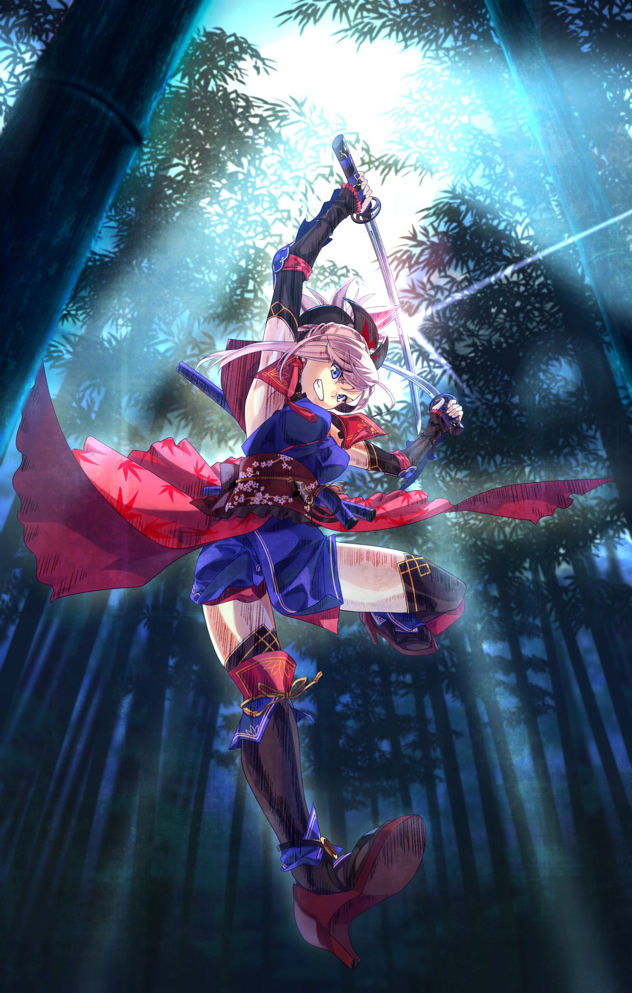 1girl akamiso_(k074510) arm_up armpits black_gloves black_legwear blue_eyes breasts dual_wielding elbow_gloves fate/grand_order fate_(series) fingerless_gloves forest gloves grin high_heels highres holding holding_sword holding_weapon katana miyamoto_musashi_(fate/grand_order) nature pink_hair ponytail smile solo sword teeth thigh-highs weapon
