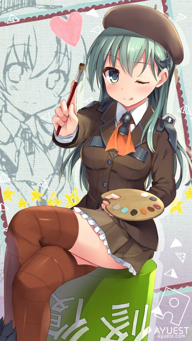 2girls ;q aqua_eyes aqua_hair art_brush bankoku_ayuya beret brown_legwear brown_skirt bucket hair_ornament hairclip hat heart kantai_collection kumano_(kantai_collection) legs_crossed long_hair multiple_girls one_eye_closed paintbrush painting painting_(object) palette repair_bucket school_uniform skirt suzuya_(kantai_collection) tongue tongue_out