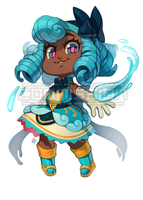1girl blue_eyes blue_footwear blue_hair boots bow chibi commission curly_hair dark_skin drill_hair elbow_gloves gloves magical_girl multicolored multicolored_eyes quad_drills sleepless_domain smile solo sora-mito undine_wells white_gloves