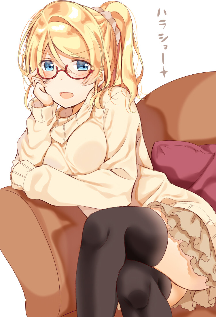 1girl ayase_eli black_legwear blonde_hair blue_eyes blush commentary_request couch cushion hand_on_own_cheek head_rest legs_crossed long_sleeves looking_at_viewer love_live! love_live!_school_idol_project miniskirt mogu_(au1127) open_mouth ponytail red-framed_eyewear sitting skirt solo sweater thigh-highs under-rim_eyewear white_background white_scrunchie