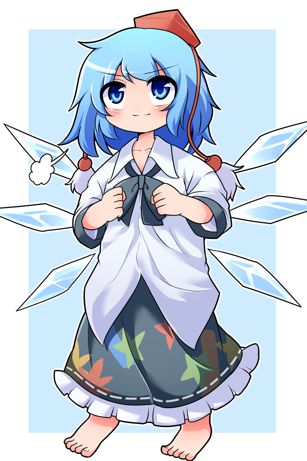 1girl blue_eyes blue_hair blush cirno cosplay hat ice ice_wings oversized_clothes peku_(science_santa-san) pom_pom_(clothes) shameimaru_aya shameimaru_aya_(cosplay) short_hair skirt smile solo tokin_hat touhou wings