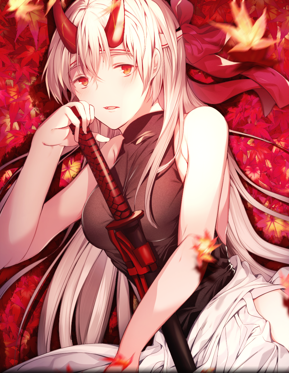 1girl bare_arms bare_shoulders breasts fate/grand_order fate_(series) hair_between_eyes hair_ribbon headband highres katana leaf leo_(feeling_goooood) long_hair looking_at_viewer lying maple_leaf medium_breasts on_side oni_horns parted_lips red_eyes red_ribbon ribbon sheath sheathed silver_hair solo sword tomoe_gozen_(fate/grand_order) weapon