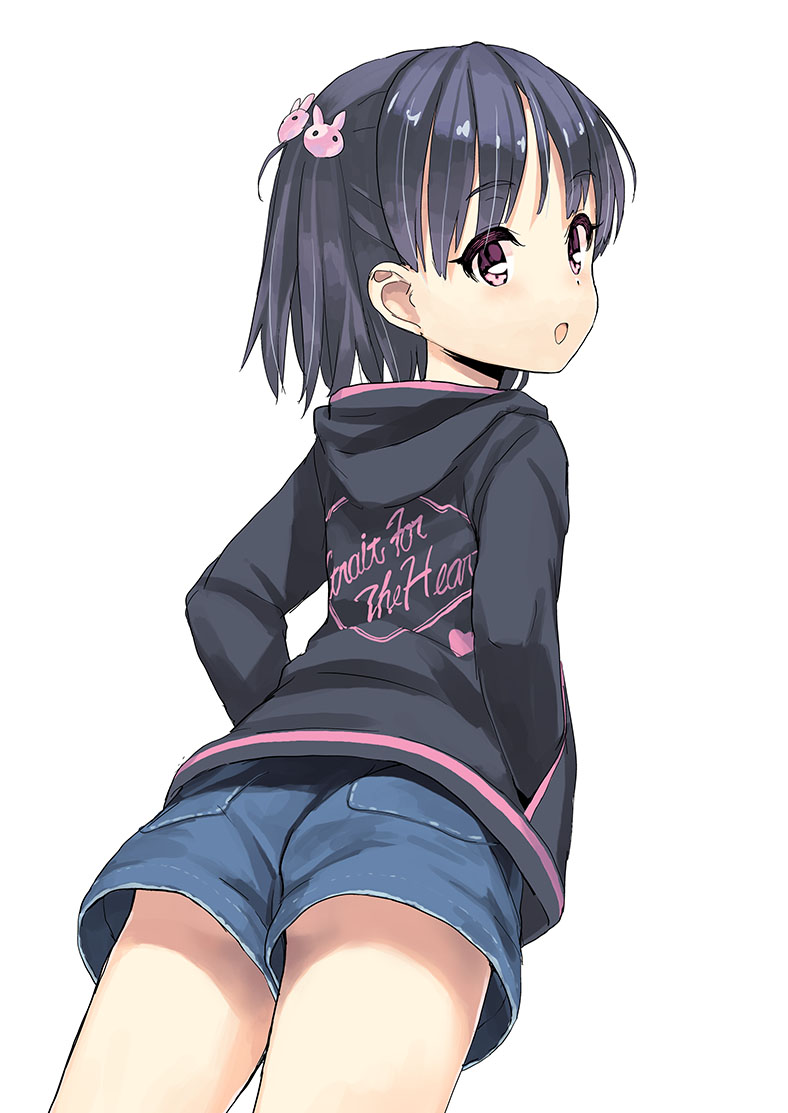 1girl ass black_hair black_jacket brown_eyes denim denim_shorts from_behind hands_in_pockets hood jacket jiji looking_back open_mouth original short_hair short_shorts shorts smile solo