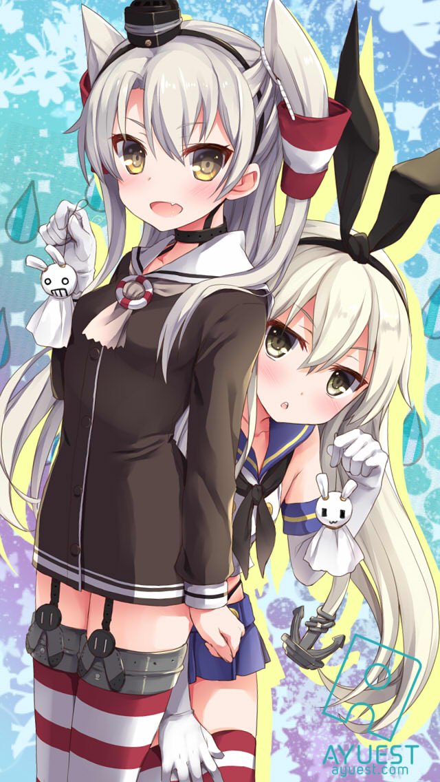 2girls amatsukaze_(kantai_collection) anchor_hair_ornament bankoku_ayuya black_panties blonde_hair choker dress elbow_gloves garter_straps gloves hair_ornament hair_tubes hairband hat highleg highleg_panties kantai_collection mini_hat multiple_girls panties red_legwear rensouhou-chan rensouhou-kun sailor_collar sailor_dress shimakaze_(kantai_collection) short_dress silver_hair single_glove striped striped_legwear teruterubouzu thigh-highs two_side_up underwear white_gloves windsock yellow_eyes