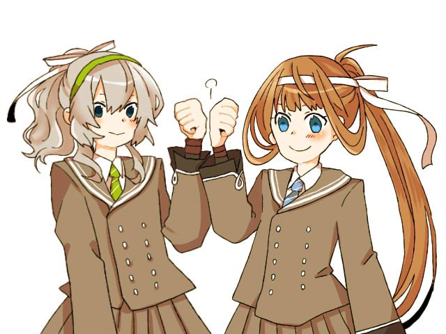 2girls :&gt; asagumo_(kantai_collection) blazer blue_eyes blue_neckwear blush brown_hair brown_jacket brown_skirt closed_mouth commentary double-breasted fist_bump green_neckwear hair_ribbon hairband headband jacket kantai_collection long_hair long_sleeves multiple_girls pleated_skirt ponytail ribbon school_uniform sidelocks silver_hair simple_background skirt smile upper_body wavy_hair white_background yamagumo_(kantai_collection) yoichi_(umagoya)