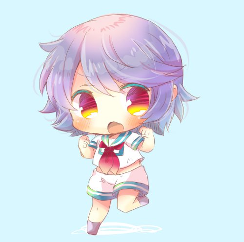 1girl blue_background chibi fang full_body happi japanese_clothes kantai_collection kouu_hiyoyo lowres neckerchief open_mouth purple_hair sailor_collar school_uniform serafuku shirt short_hair short_sleeves shorts solo tama_(kantai_collection) yellow_eyes