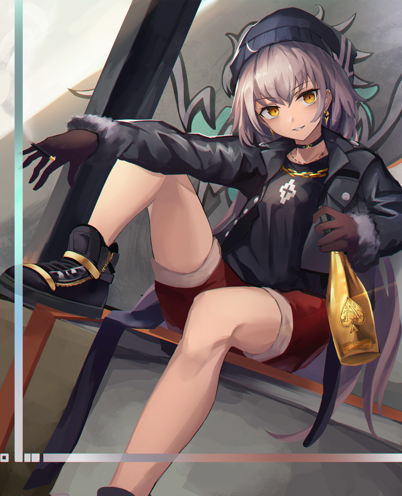 &gt;:) 1girl alternate_costume bangs beer_bottle black_jacket black_shirt blush bottle choker cigarette eruthika fate/grand_order fate_(series) fur_trim grey_hair jacket jeanne_alter knit_hat looking_at_viewer open_clothes open_jacket parted_lips ruler_(fate/apocrypha) shirt shoes shorts sitting smile sneakers solo yellow_eyes