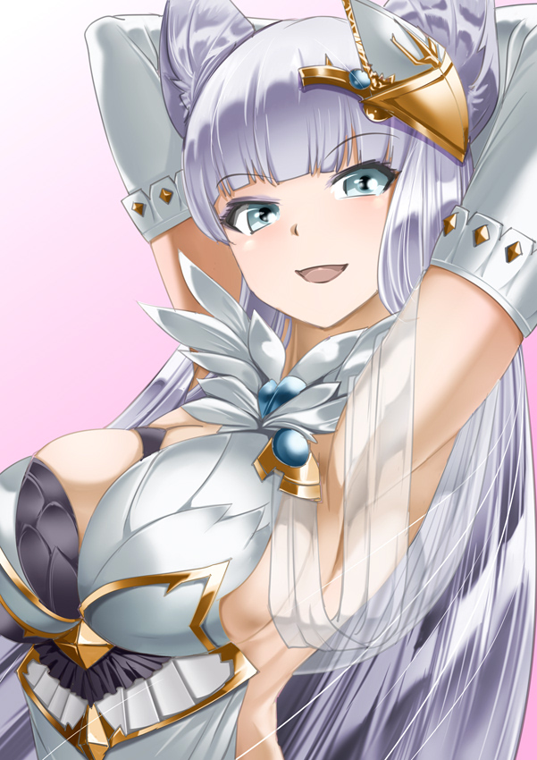 1girl animal_ears arms_behind_head asymmetrical_clothes bangs bare_shoulders blue_eyes blunt_bangs blush breasts cat_ears easel elbow_gloves erun_(granblue_fantasy) gloves granblue_fantasy hair_ornament korwa large_breasts long_hair looking_at_viewer makumaxu parted_lips sideboob silver_hair skindentation upper_body white_gloves