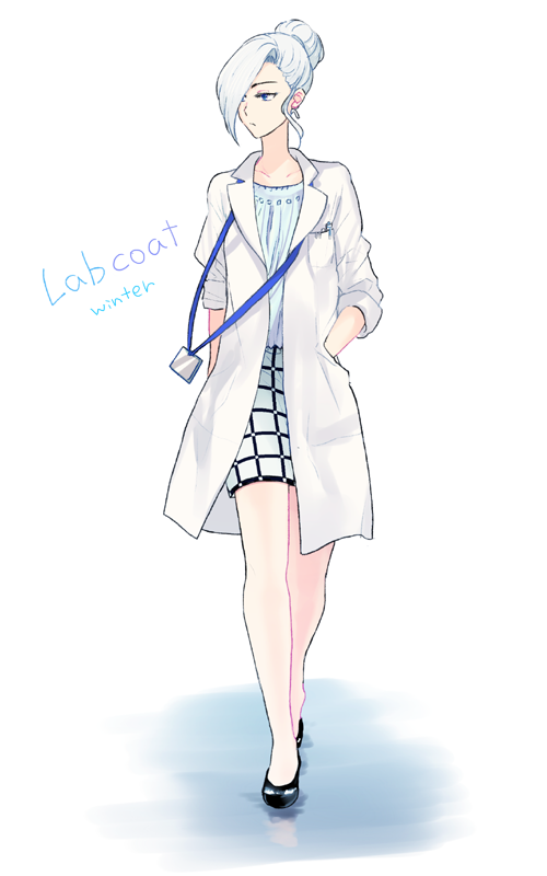 1girl chuu english hair_bun hair_over_eyes high_heels id_card labcoat lanyard rwby winter_schnee