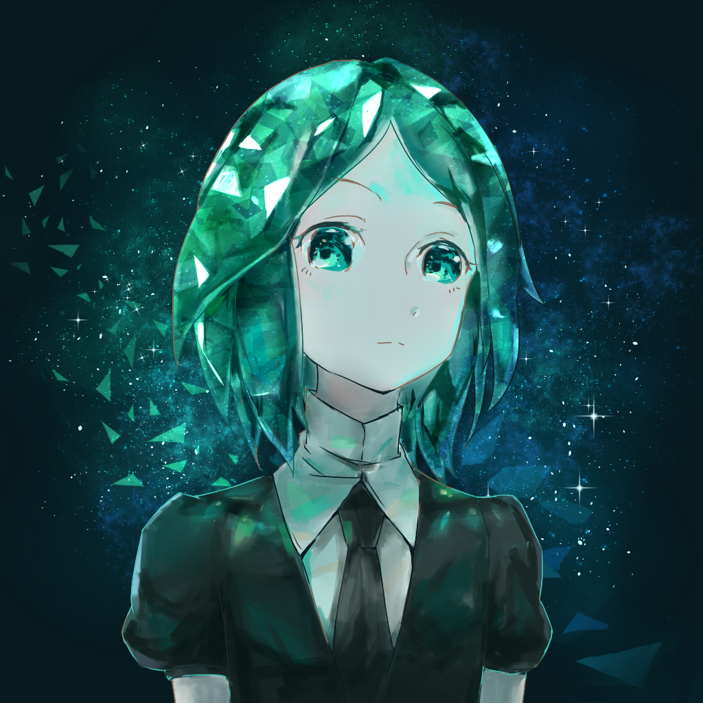 androgynous commentary_request green_eyes green_hair houseki_no_kuni jin_yun looking_at_viewer necktie painttool_sai phosphophyllite puffy_short_sleeves puffy_sleeves shards short_hair short_sleeves sketch solo sparkle upper_body