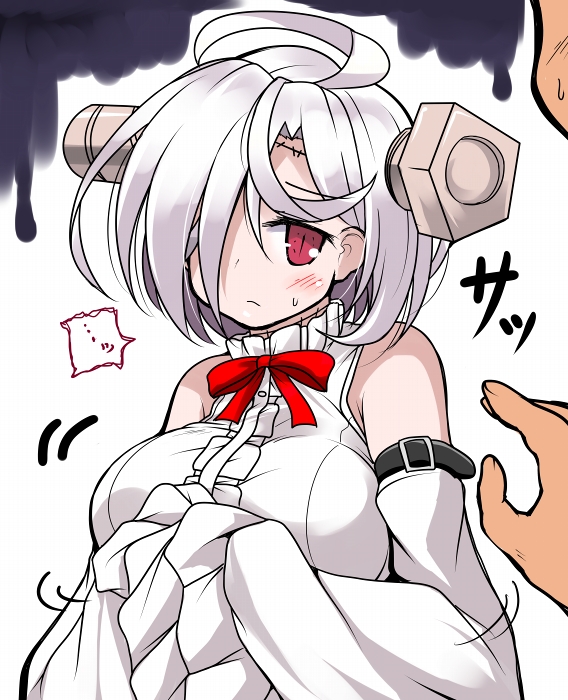 ... 1boy 1girl admiral_(azur_lane) ahoge azur_lane bolt bow bowtie commentary_request detached_sleeves hair_over_one_eye out_of_frame red_eyes short_hair sleeves_past_wrists sweat terror_(azur_lane) tsuzuri_(tuzuri) white_hair wide_sleeves