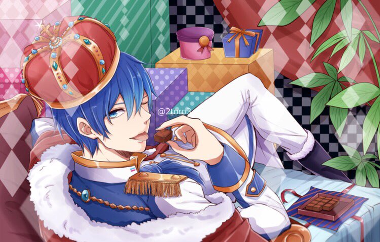 1boy ;) blue_eyes blue_hair boots cape checkered chocolate crown epaulettes fur_trim gift kaito legs_crossed lips looking_at_viewer looking_back male_focus one_eye_closed pants plant sitting smile solo toro_(tsunatan02) vocaloid white_pants