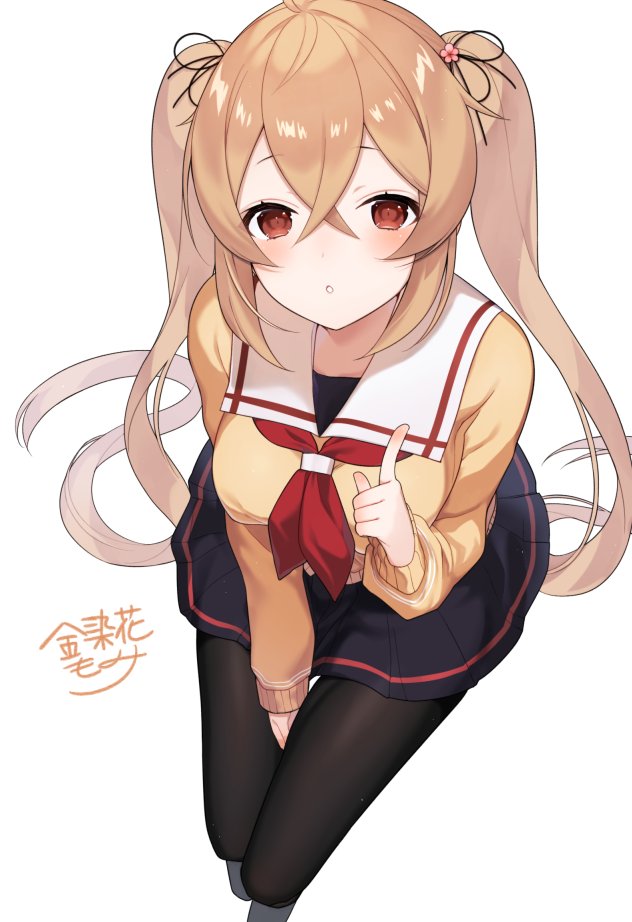 1girl black_legwear black_ribbon black_serafuku black_skirt blush braid breasts brown_eyes brown_hair cardigan flail from_above hair_flaps kantai_collection kinsenka_momi light_brown_hair long_hair long_sleeves looking_at_viewer looking_up medium_breasts murasame_(kantai_collection) neckerchief pantyhose parted_lips pleated_skirt red_neckwear ribbon school_uniform serafuku single_braid sitting skirt solo twintails weapon