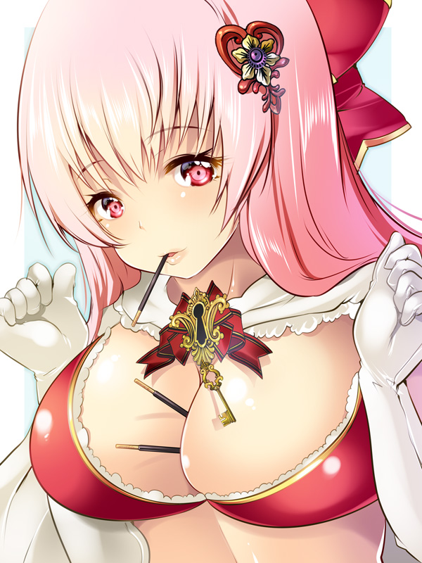 1girl bangs blush bow breasts cape cleavage elbow_gloves food food_between_breasts food_in_mouth gloves hair_bow hair_ornament large_breasts long_hair looking_at_viewer maki_(seventh_heaven_maxion) original parted_lips pink_eyes pink_hair pocky pocky_day red_bow smile solo upper_body white_gloves