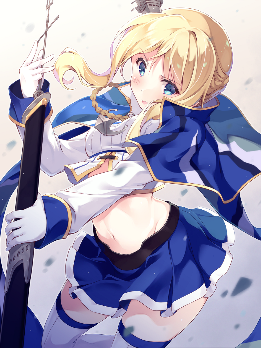 1girl azur_lane blonde_hair blue_eyes blue_skirt boots braid breasts capelet cowboy_shot furumiya_haiji gloves hair_ornament highres midriff navel open_mouth renown_(azur_lane) skirt small_breasts solo thigh-highs thigh_boots white_footwear white_gloves
