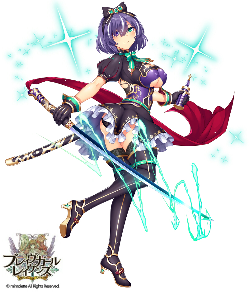 1girl ass blush bottle brave_girl_ravens breasts character_request copyright_name dress frills full_body gloves glowing glowing_weapon green_eyes hairband heterochromia holding holding_weapon horosuke_(toot08) katana large_breasts logo looking_at_viewer looking_back official_art panties puff_and_slash_sleeves puffy_sleeves purple_hair ribbon sheath short_dress short_hair short_sleeves simple_background skirt smile solo sparkle standing sword thigh-highs under_boob underwear violet_eyes weapon white_background zettai_ryouiki